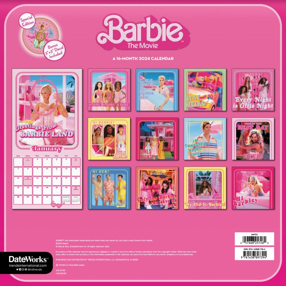 Barbie The Movie Exclusive With Decal 2024 Wall Calendar 4 Barbie The Movie Exclusive With Decal 2024 Wall Calendar - Image 2